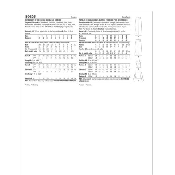 Simplicity Pattern 9826 Camisole Cardigan Pants 2 Lengths Sizes 12-20 New Uncut - Picture 2 of 7